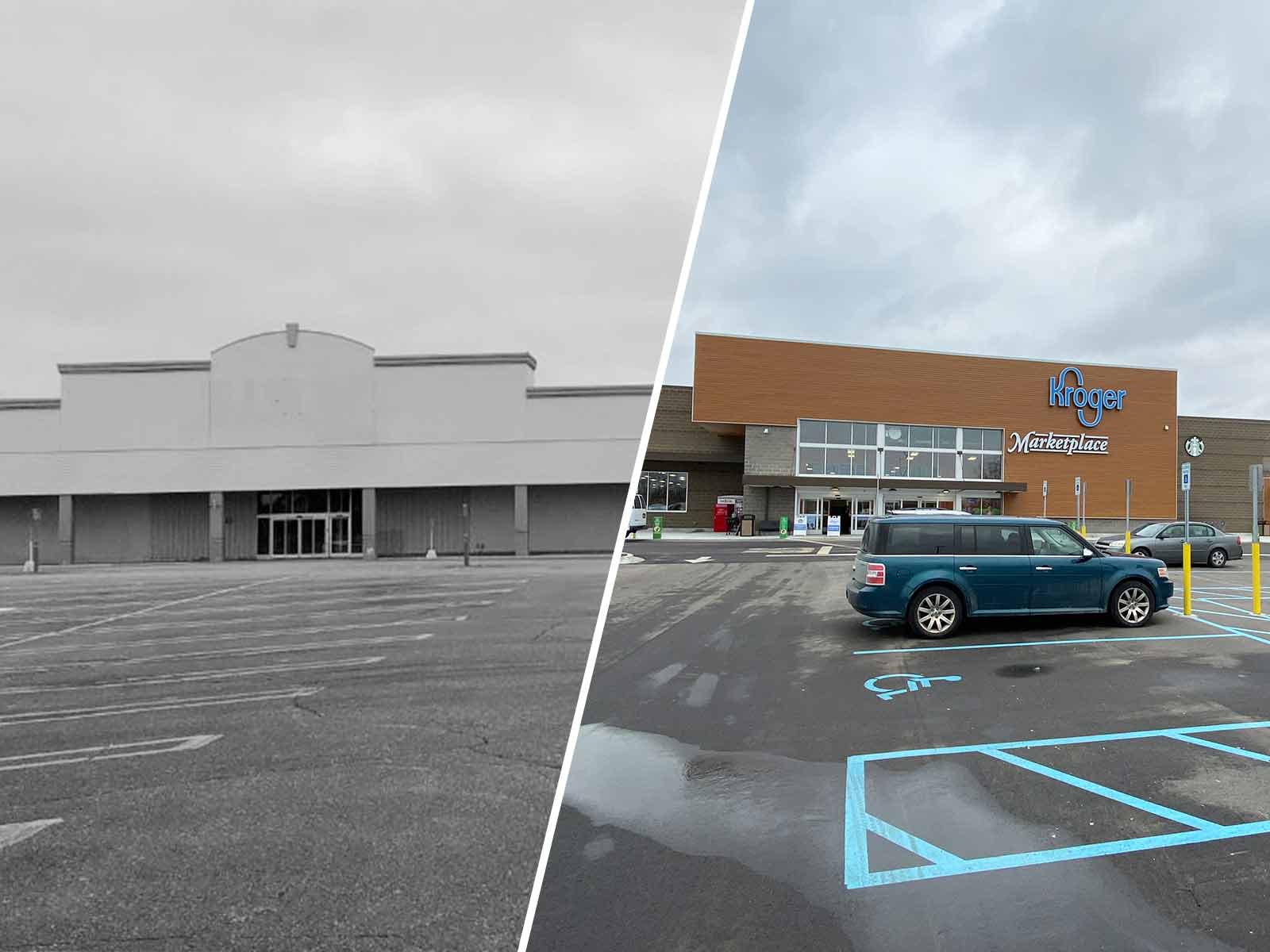 Abandoned grocery store and new supermarket